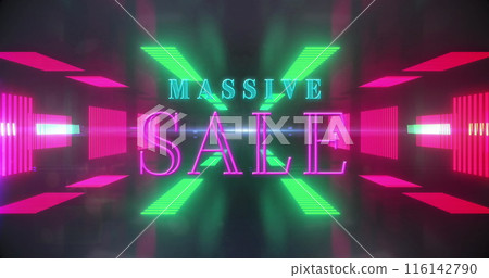 Image of massive sale over digital space with neon lights and shapes Image of massive sale over digital space with neon lights and shapes 116142790