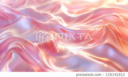 Iridescent liquid with smooth waves. Soft pastel pink, gold, and peach background. AI Generated 116142812