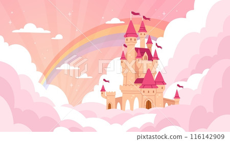 Pink castle in clouds. Cartoon magic flying fairy palace for princess. Kingdom home tower in clouds on land in sky. Fabulous magic building landscape. Vector background 116142909
