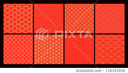 Chinese seamless pattern. Traditional ornamental backgrounds. Asian decorative red and golden Chinese New Year texture. Japanese abstract ornament wallpaper. Vector set 116142916