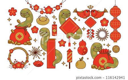 Asian New Year snakes and elements. Chinese zodiac animal snake. Festival lucky symbol. Horoscope sign. Green cute snake with coin, flowers, bag, lanterns. Vector stickers set 116142941