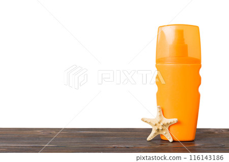 Professional Summer face skincare. Unbranded flacon with moisturizing liquid. Cream or lotion. Summer decorations, seashell and starfish, on table with isolated background. Beauty concept Perspective Professional Summer face skincare. Unbranded flacon with moisturizing liquid. Cream or lotion. Summer decorations, seashell and starfish, on table with isolated background. Beauty concept Perspective 116143186