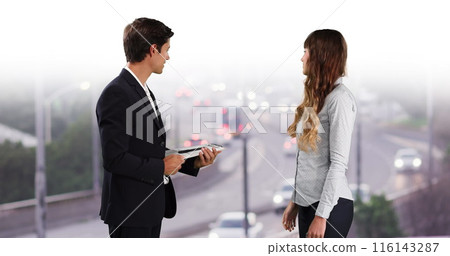 Image of caucasian female and male businesspeople over road traffic Image of caucasian female and male businesspeople over road traffic 116143287
