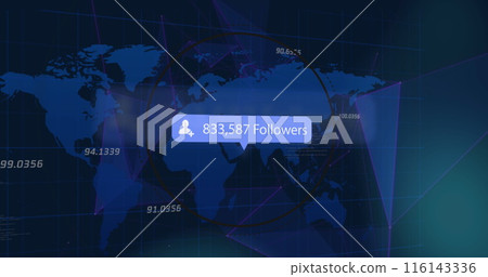 This image showcases a social media digital interface concept where a world map is shown with a netw This image showcases a social media digital interface concept where a world map is shown with a netw 116143336