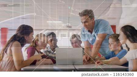 Image of stock market data processing over caucasian male teacher teaching students at school Image of stock market data processing over caucasian male teacher teaching students at school 116143360