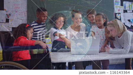 Image of data processing over globe against biracial female teacher teaching students at school Image of data processing over globe against biracial female teacher teaching students at school 116143364