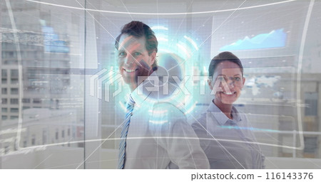 Image of financial data processing over diverse business people at office Image of financial data processing over diverse business people at office 116143376