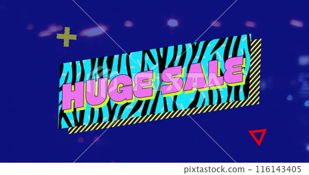 Image of colorful huge sale text banner against night city traffic Image of colorful huge sale text banner against night city traffic 116143405