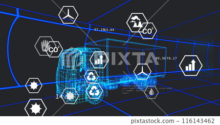 Image of multiple digital icons over 3d truck model in seamless pattern and data processing 116143462