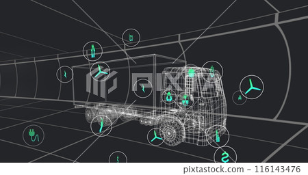 Image of multiple digital icons over 3d truck model in seamless pattern on black background 116143476