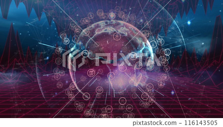 Image of data processing and globe with connections and icons Image of data processing and globe with connections and icons 116143505