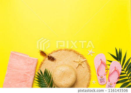 Top view travel or vacation concept. Composition with stylish beach accessories on colored background, top view. Beach fashion flat lay, summer concept. Trendy colors Top view travel or vacation concept. Composition with stylish beach accessories on colored background, top view. Beach fashion flat lay, summer concept. Trendy colors 116143506