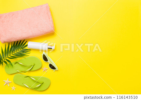 Top view travel or vacation concept. Composition with stylish beach accessories on colored background, top view. Beach fashion flat lay, summer concept. Trendy colors Top view travel or vacation concept. Composition with stylish beach accessories on colored background, top view. Beach fashion flat lay, summer concept. Trendy colors 116143510