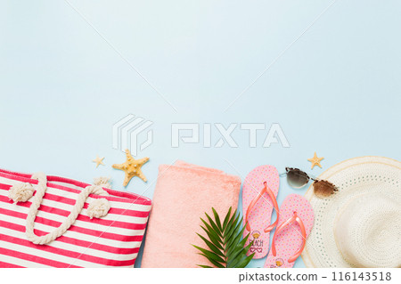 Composition with stylish beach accessories on colored background, top view. Beach fashion flat lay, summer concept. Trendy colors Composition with stylish beach accessories on colored background, top view. Beach fashion flat lay, summer concept. Trendy colors 116143518