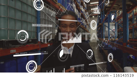 Image of loading bars and graphs over smiling biracial female manager in factory Image of loading bars and graphs over smiling biracial female manager in factory 116143519