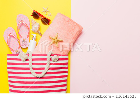 Composition with stylish beach accessories on colored background, top view. Beach fashion flat lay, summer concept. Trendy colors Composition with stylish beach accessories on colored background, top view. Beach fashion flat lay, summer concept. Trendy colors 116143525