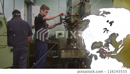 Image of globe rotating over diverse man walking towards coworker using machinery in garage Image of globe rotating over diverse man walking towards coworker using machinery in garage 116143533