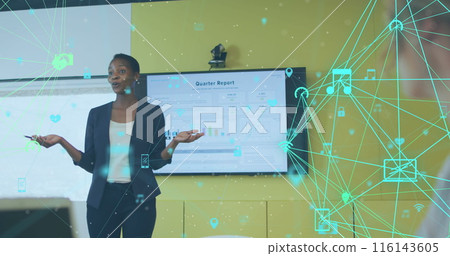 Image of connected icons over african american businesswoman presenting quarters reports Image of connected icons over african american businesswoman presenting quarters reports 116143605