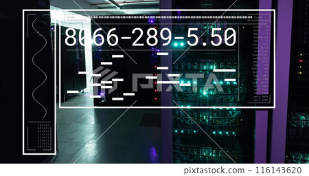 Data processing over glowing servers in dark computer server room 116143620