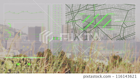 Image of interface with data processing against aerial view of cityscape Image of interface with data processing against aerial view of cityscape 116143621