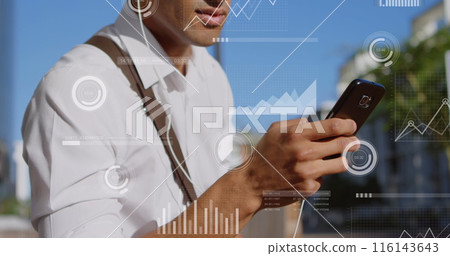 Image of financial data processing over biracial businessman using smartphone 116143643