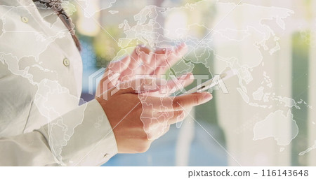 Image of world map and data processing over asian businesswoman using smartphone in office 116143648