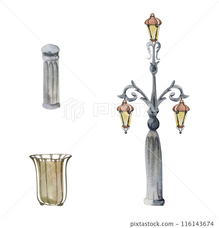 Old European city town space, village urban planning, street lamp post, lantern, litter bin. Watercolor hand drawn illustration. For tourist shops, souvenirs, travel brochures, architectural bureau 116143674