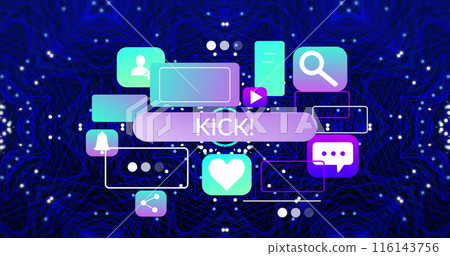 Image of kick text, application icons over mandala patterns and dots against blue background Image of kick text, application icons over mandala patterns and dots against blue background 116143756