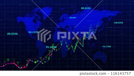 Image of financial data processing over world map on black background Image of financial data processing over world map on black background 116143757