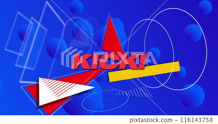 Image of kick text and geometric shape over circles against blue background Image of kick text and geometric shape over circles against blue background 116143758
