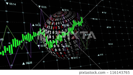An image of data processing over a globe with binary coding on a black background 116143765
