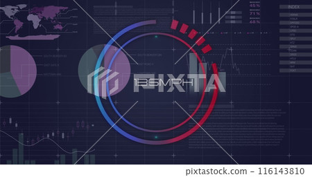 Image of speedometer over statistical data processing against blue background 116143810