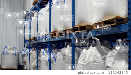 Image of social media icons foating against view of shelves with goods at a warehouse Image of social media icons foating against view of shelves with goods at a warehouse 116143845