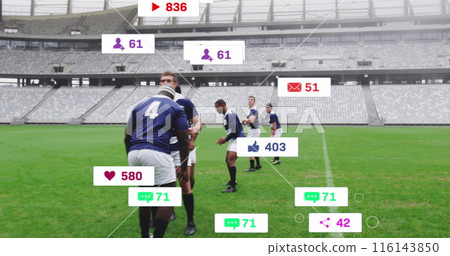 Image of social media icons foating against team of diverse rugby players playing in the stadium 116143850