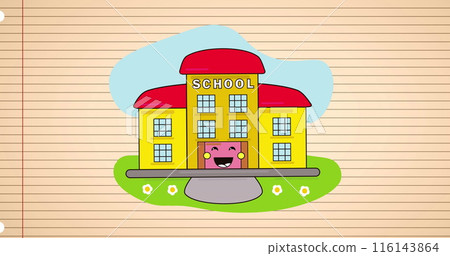 Image of school text on smiling house drawing over book page in background 116143864