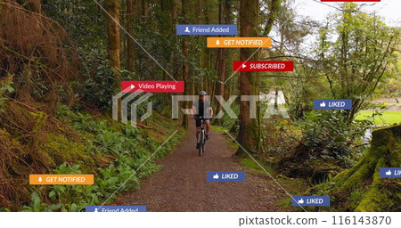 Image of social media icons over aerial view of caucasian male cyclist riding bike in the forest 116143870