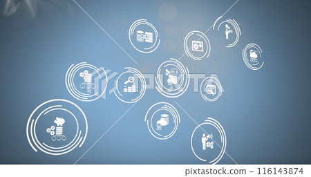 Image of icons and data processing over blue background Image of icons and data processing over blue background 116143874