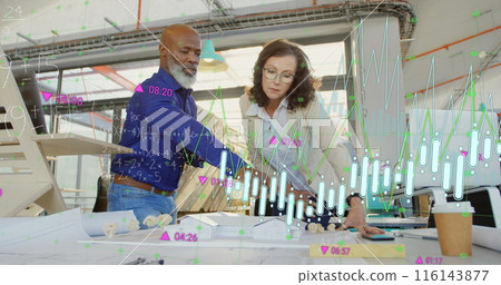 Image of graphs, trading board, mathematical sums, diverse architects discussing house models Image of graphs, trading board, mathematical sums, diverse architects discussing house models 116143877