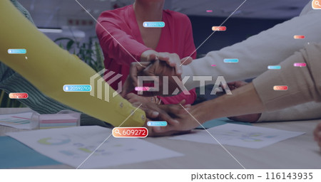 Image of notification bars, midsection of diverse coworker discussing and putting hands together 116143935