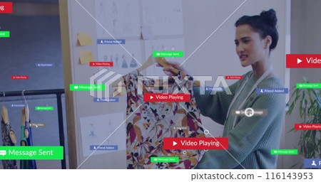 Image of multiple notification bars over biracial woman discussing cloth design with coworkers 116143953