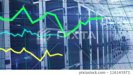 Image of graphs, changing numbers, computer language over data server room 116143973