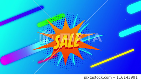 Image of sale text on color splash, dots forming circles, multicolored bars over blue background Image of sale text on color splash, dots forming circles, multicolored bars over blue background 116143991