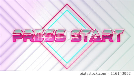 Image of press start text on rhombuses with abstract pattern over white background 116143992