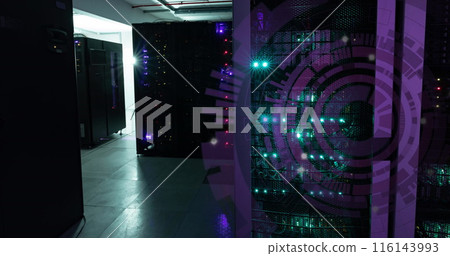 Image of purple round scanner spinning against computer server room Image of purple round scanner spinning against computer server room 116143993