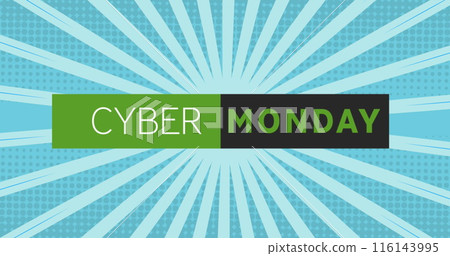 Image of cyber monday text in rectangle with sunburst against blue background Image of cyber monday text in rectangle with sunburst against blue background 116143995