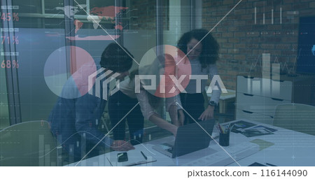 Image of financial data processing over diverse business people in office Image of financial data processing over diverse business people in office 116144090