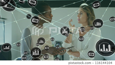 Image of icons connected with lines over diverse coworkers discussing reports on digital tablet 116144104
