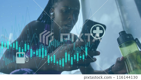Image of icons over african american female athlete holding bottle and scrolling on cellphone Image of icons over african american female athlete holding bottle and scrolling on cellphone 116144130
