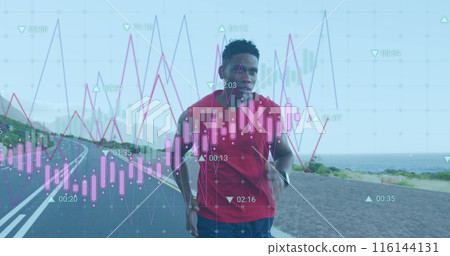 Image of multiple graphs and changing numbers over african american athlete running on road Image of multiple graphs and changing numbers over african american athlete running on road 116144131