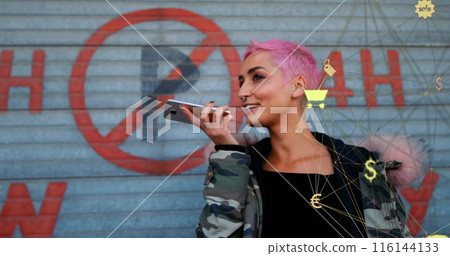 Image of connected icons globe over biracial woman talking on speaker of smartphone Image of connected icons globe over biracial woman talking on speaker of smartphone 116144133